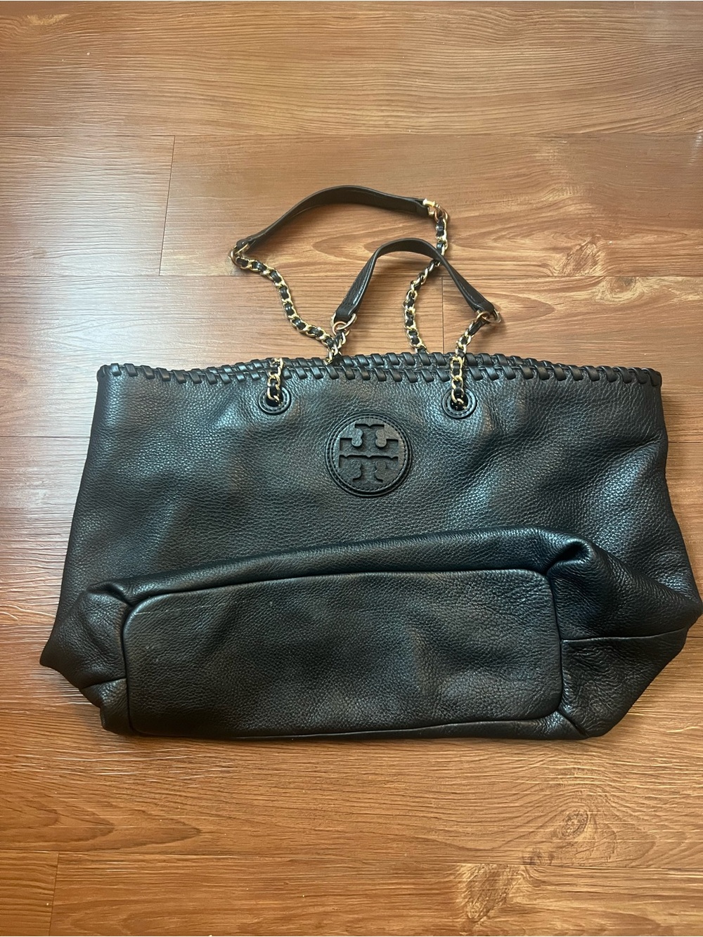 Tory Burch Black Leather Tote with Chain-Detail Handles